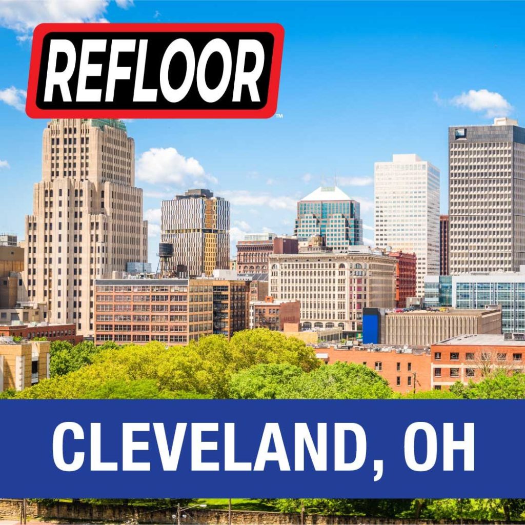 the city of cleveland ohio with a refloor logo and cleveland ohio banner